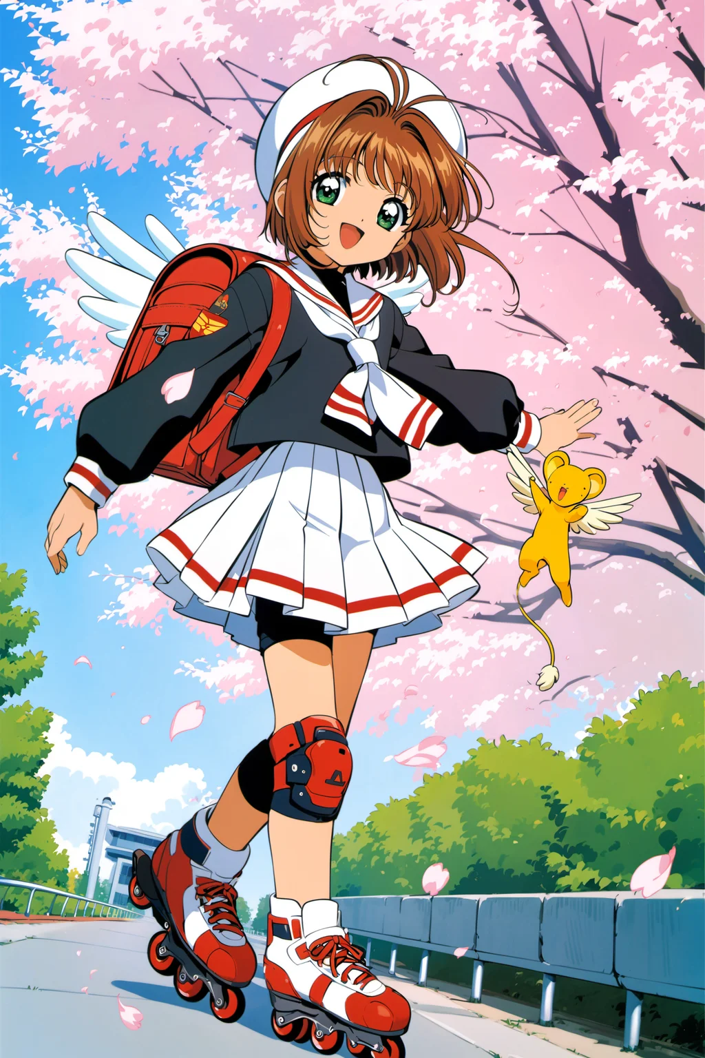 roller skates, 1girl, kero, brown hair, kinomoto sakura, white skirt, inline skates, skates, tomoeda elementary school uniform, cherry blossoms, school uniform, skirt, green eyes, white headwear, bag, backpack, open mouth, hat, 1990s (style), petals, short hair, smile, retro artstyle, pleated skirt, hair bobbles, :d, knee pads, full body, bangs, looking at viewer, serafuku, antenna hair, female child, hair ornament, creature, black shirt, wings, long sleeves, neckerchief, sailor collar, outdoors, shirt, day, <lora:Card Captor Sakura Anime_XL:0.8>