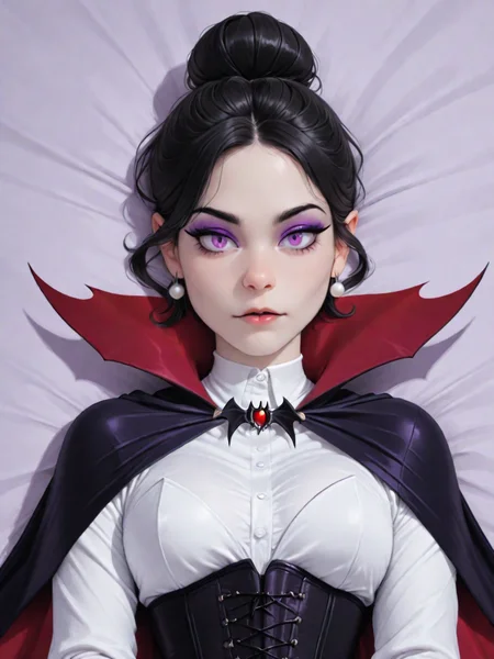 upper body,1girl,solo,p3rs3ph,black hair, single hair bun, purple eyeshadow, purple eyes, pearl earrings,wearing Jedvmp, vampire outfit, cape,corset,lie down,looking at viewer,<lora:Persephone:0.8>,<lora:VampireIL:1.0>