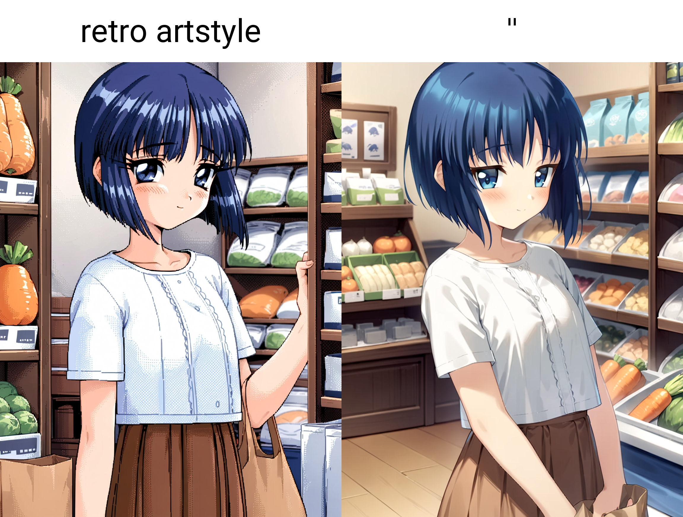 1girl, kaede, kizuato, white shirt, brown skirt, short sleeve, looking at viewer, 
standing in store, vegitables in holding shoping bag, little smile, blush,
(from front:1.5),
masterpiece, best quality, very aesthetic, absurdres, latest, retro artstyle
<lora:kaede-xl-v2-000020:0.8>
