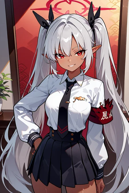 masterpiece, best quality, 1girl, solo, 21 year old model, eyelashes, (beautiful eyes), ,,, zzIori, red eyes, halo, long hair, twintails, dark skin, very long hair, pointy ears, grey hair, skirt, ribbon, hair ribbon, white shirt, necktie, collared shirt, long sleeves, <lora:IoriBlueArchiveIXL:1.0>,cowboy shot, hand on hip, smug, smile, looking at viewer, shiny skin,