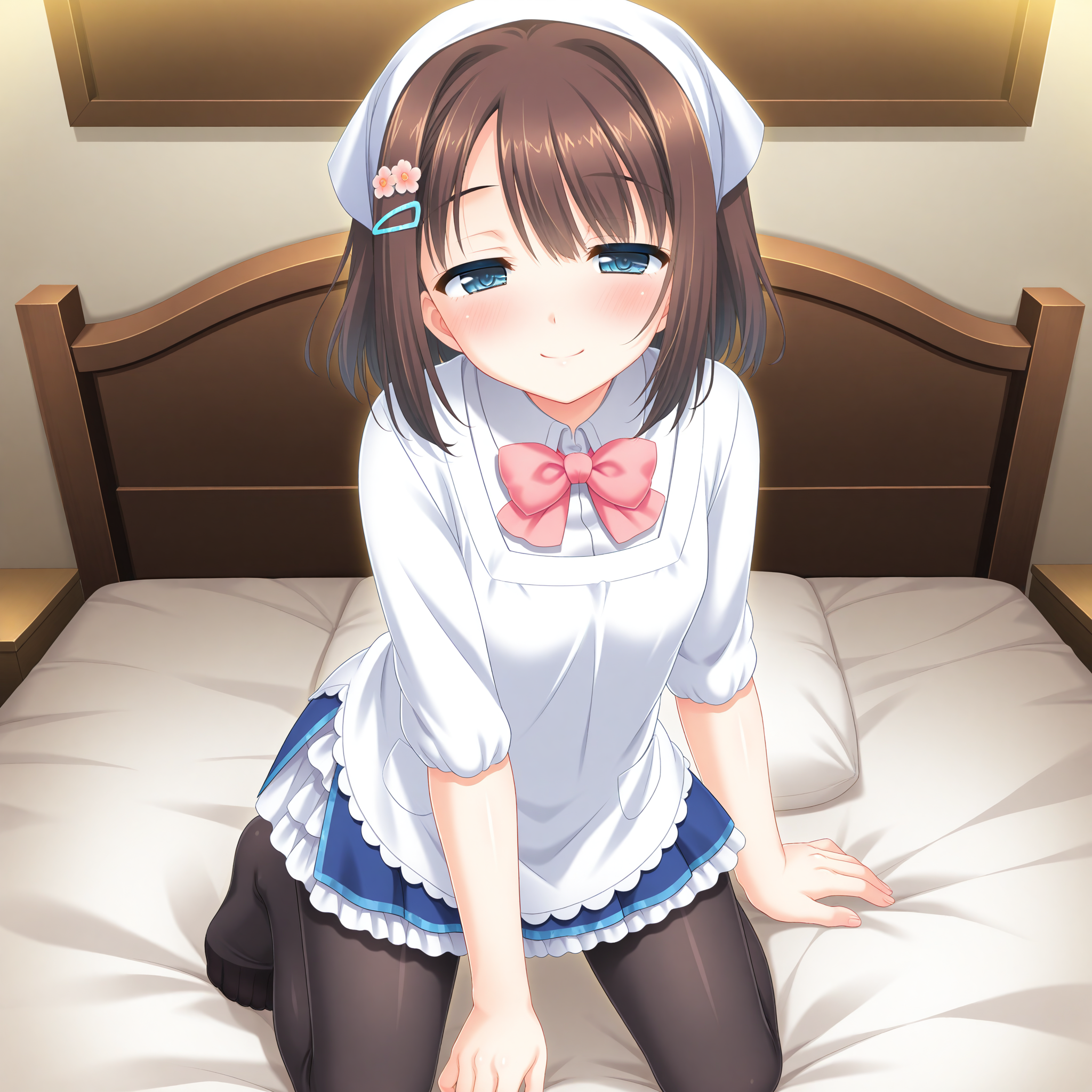 <lora:Seguchi_Mahiru_1_nai-000041:1>,Seguchi Mahiru,
hairclip,hair flower,pink flower,head scarf,kappougi,white apron,black pantyhose,blue skirt,frills,white shirt,collared shirt,pink bowtie,sleeves rolled up,pleated skirt,frilled skirt,
BREAK
1girl,solo,smile,on bed,kneeling,arm support,blush,half-closed eyes,front view,looking_at_viewer,face_focus,