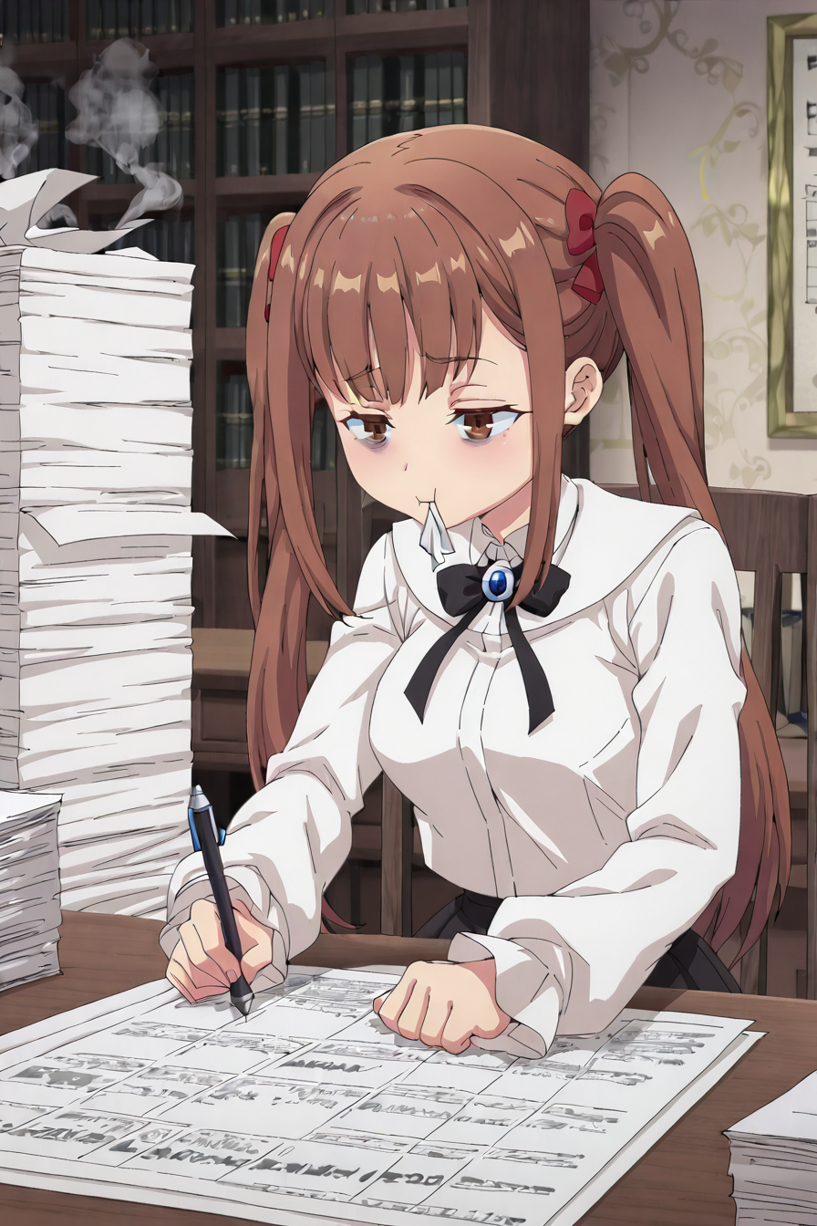 detailed background, shiny skin, posing,
<lora:guilmas.il:1>,
guilmas,
laila, 
clothed girl,
desk, holding pen, paper, working, huge paper stack, tired, sit, chair, dead eyes, head on desk, smoke from mouth, eye bags,