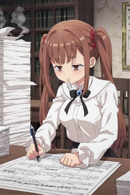 detailed background, shiny skin, posing,
<lora:guilmas.il:1>,
guilmas,
laila, 
clothed girl,
desk, holding pen, paper, working, huge paper stack, tired, sit, chair, dead eyes, head on desk, smoke from mouth, eye bags,