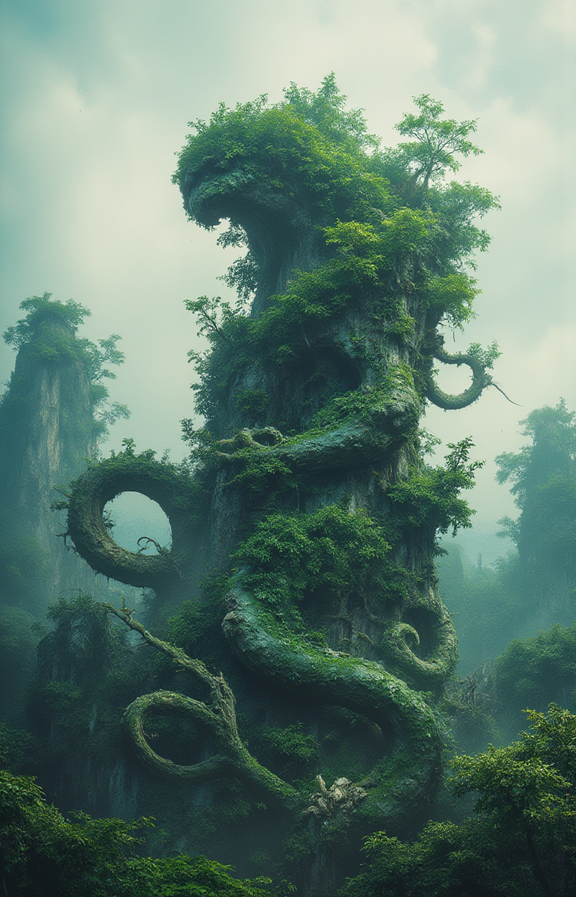 creature covered in trees and greenery towering over a mountain range, strange angle,  <lora:- Flux1 - soothing_atmo_V2.0:.7>