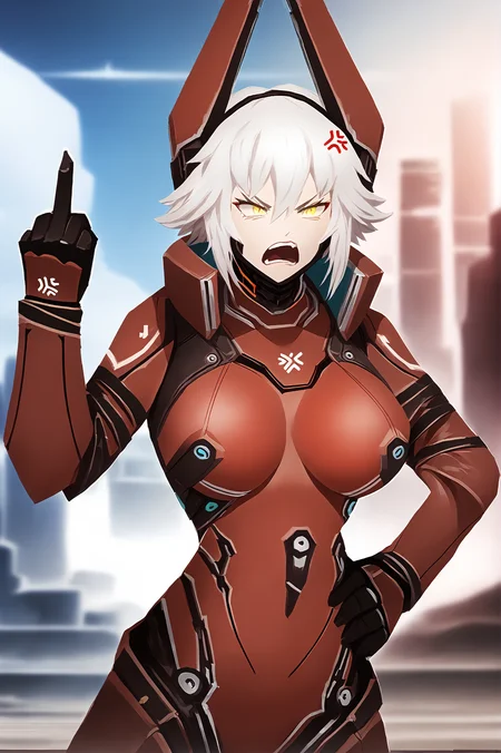 score_9,
<lora:library_of_ruina_v1_pruned:1>,
<lora:zentreya_v1_pruned:1>, zentreya, zencyber, large breasts, white hair, yellow eyes,
solo, 1girl, solo, red bodysuit,
cowboy shot,
angry, open mouth, scream, anger vein, middle finger, hand on hip,
dark, night, cityscape,
high resolution, Masterpiece, detailed