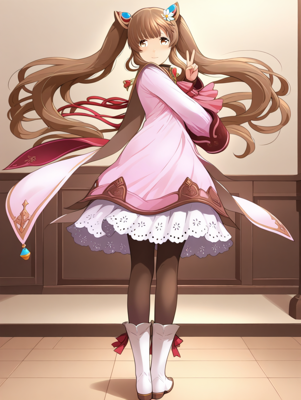 perfect quality,best quality,absolutely eye-catching,ambient occlusion,raytracing BREAK
1girl,<lora:rimuru rinnka IL v1.1:1>,rinnka,brown hair,twintails,hair ornament,pink dress,long sleeves,ribbon,lace trim,pantyhose,boots,front view,, from_outside,profile,closed mouth,double_v,arm_behind_head,legs_together,