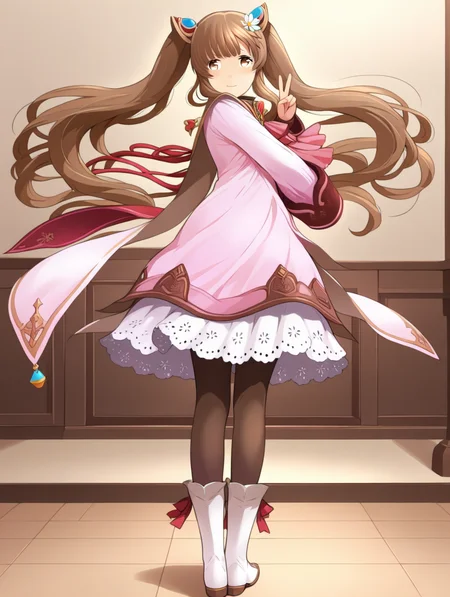 perfect quality,best quality,absolutely eye-catching,ambient occlusion,raytracing BREAK
1girl,<lora:rimuru rinnka IL v1.1:1>,rinnka,brown hair,twintails,hair ornament,pink dress,long sleeves,ribbon,lace trim,pantyhose,boots,front view,, from_outside,profile,closed mouth,double_v,arm_behind_head,legs_together,