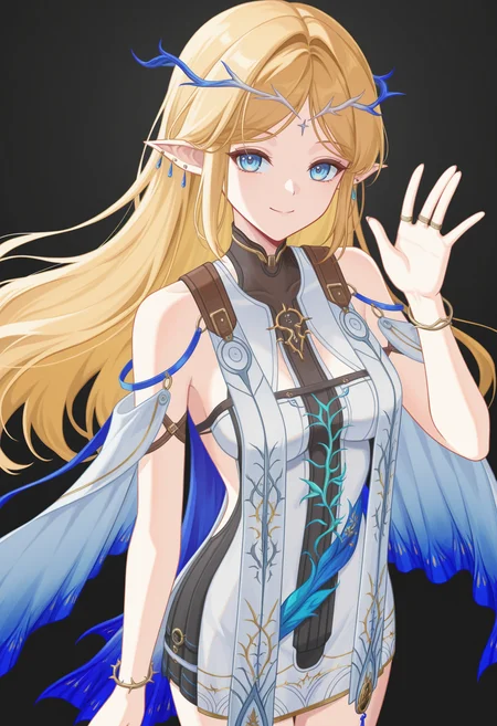 <lora:katixiya_illustrious-000030:1>,
katixiya_WW,solo,pointy ears,long hair,jewelry,blue eyes,blonde hair,earrings,white dress,looking at viewer,bracelet,breasts,simple_background,cowboy_shot,smile,waving,black_background