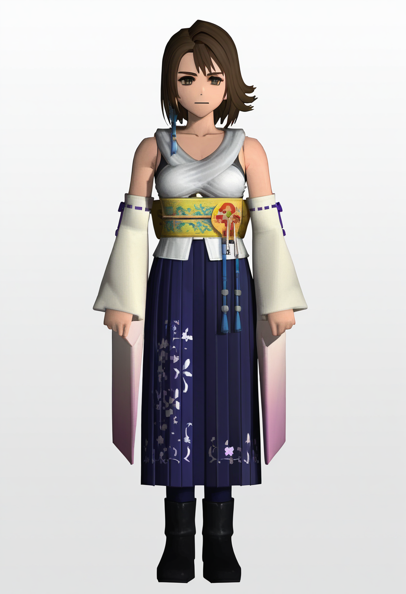 masterpiece, best quality, newest, absurdres, highres, <lora:FF7-Chibi-illus_Fp:1>,  <lora:YunaFFXIllustrious:0.8>,  full body, simple background, 3d, chibi, FFXYNDF, brown hair,  japanese clothes, detached sleeves, wide sleeves,  hakama skirt, jewelry, boots,