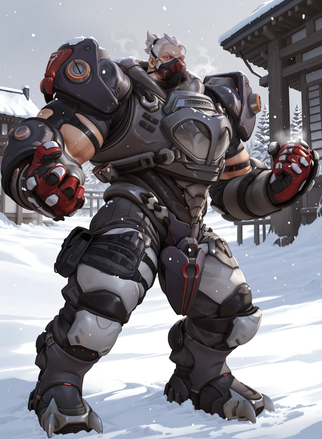 zPDXL2,general,masterpiece,best quality,amazing quality,(side view:0.5),male focus,looking_at_viewer,1boy,snow,solo,
fallenknightreinhardt,mask,armor,ponytail,white hair,grey hair,mouth mask,
standing,posing,spread legs,muscular,
<lora:NOOB_vp1_detailer_by_volnovik_v1:1>,<lora:zoroj:0.7>,<lora:Reinhardt_IL:1>,