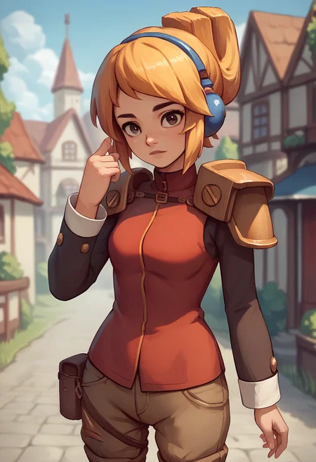 score_9, score_8_up, score_7_up, masterpiece, 1girl, source_anime, ctianicon0, long sleeves, brown shorts, pantyhose, boots, shoulder pads, looking at viewer, outdoors, town, depth of field, hand up, portrait, looking at viewer, day, <lora:Robin_Iconoclast_pony_ct:1>