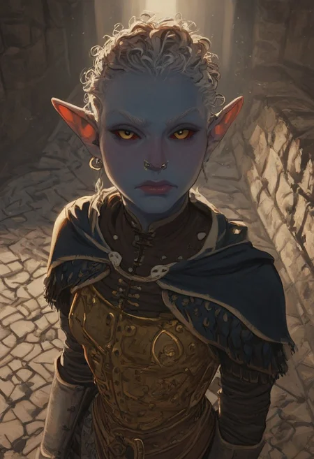 safe_pos, solo, short pointy ears, piercings, random elf face, aquiline features, female dark elf, brow rings, nose rings, beaded piercings, weathered skin, large nose, insect chitin armor, insect chitin helmet, insect chitin ornaments, stylized insect pattern, athletic build, animated realism, zoomed out, Syrian features, torso, brass pipes and gears, intricate architecture, dwarven masonry, dwemer fixtures, white-green light, gloomy lighting, ancient ruins, interior, stone tiled floor, grey-blue skin, mahogany and ivory clothes, medium armor, bone plate armor, ivory straps and fittings, alien bone ornaments, grey wood neckguard, red sclera, black pupils, blue-green light, neon, highly detailed, defined features, looking at viewer, three quarters view, from above, dynamic lighting, 19 years old, light and shadows, patterned cloth, annoyed expression, expressive eyes, detailed medieval clothes, medium_breasts, short hair, wavy hair, thick hair, beaded hair, braided hair, under cut hair, semirealistic, alien elf, spanish features, jewish features, white grey hair, dark red hair, umber skin, sharp features, pastel green inuit print cloak, nighttime, high detail, absurdres, pretty eyes, detailed eyes, yellow eyes,