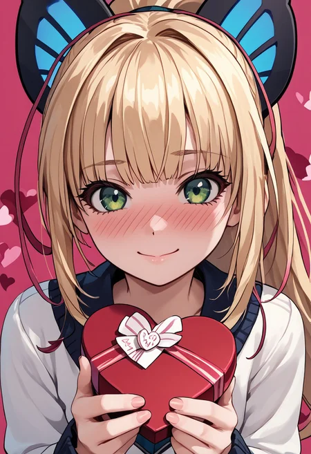score_4,score_5,score_6,score_7_up,score_8_up,score_9 ((masterpiece,best quality,ultra detailed,highres,HD,4k:1.2)),
1girl, solo,solo focus,girl focus,face focus,
Joule(GV2),long hair,blonde hair,side locks,multicolored hair,ponytail,hair ornament,butterfly hair ornament,green eyes,
upper body,
pov,from the front, front view, front angle,
Happy Valentine's Day, Valentine's chocolate, holding wrapped chocolate,
heart background,
full face blush,Embarrassing,smile,closed mouth,