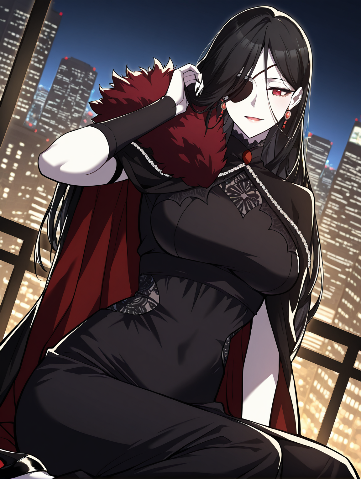 <lora:Hailey_Orga:1>
1 girl, solo, red eyes, black hair, long hair, hair between eyes, pale skin, large breasts
black dress, bridal gauntlets, cape, earrings, eyepatch, fur trim, black nails, black fingerless gloves, high heels, pantyhose, single glove
score_9, score_8_up, score_7_up, very aesthetic, source_anime, detailed, high quality, beautiful, masterpiece, detailed eyes, night, illuminated city background, blurry background, cityscape, pose dynamic angle, light smile, open mouth, hand on hair, sitting