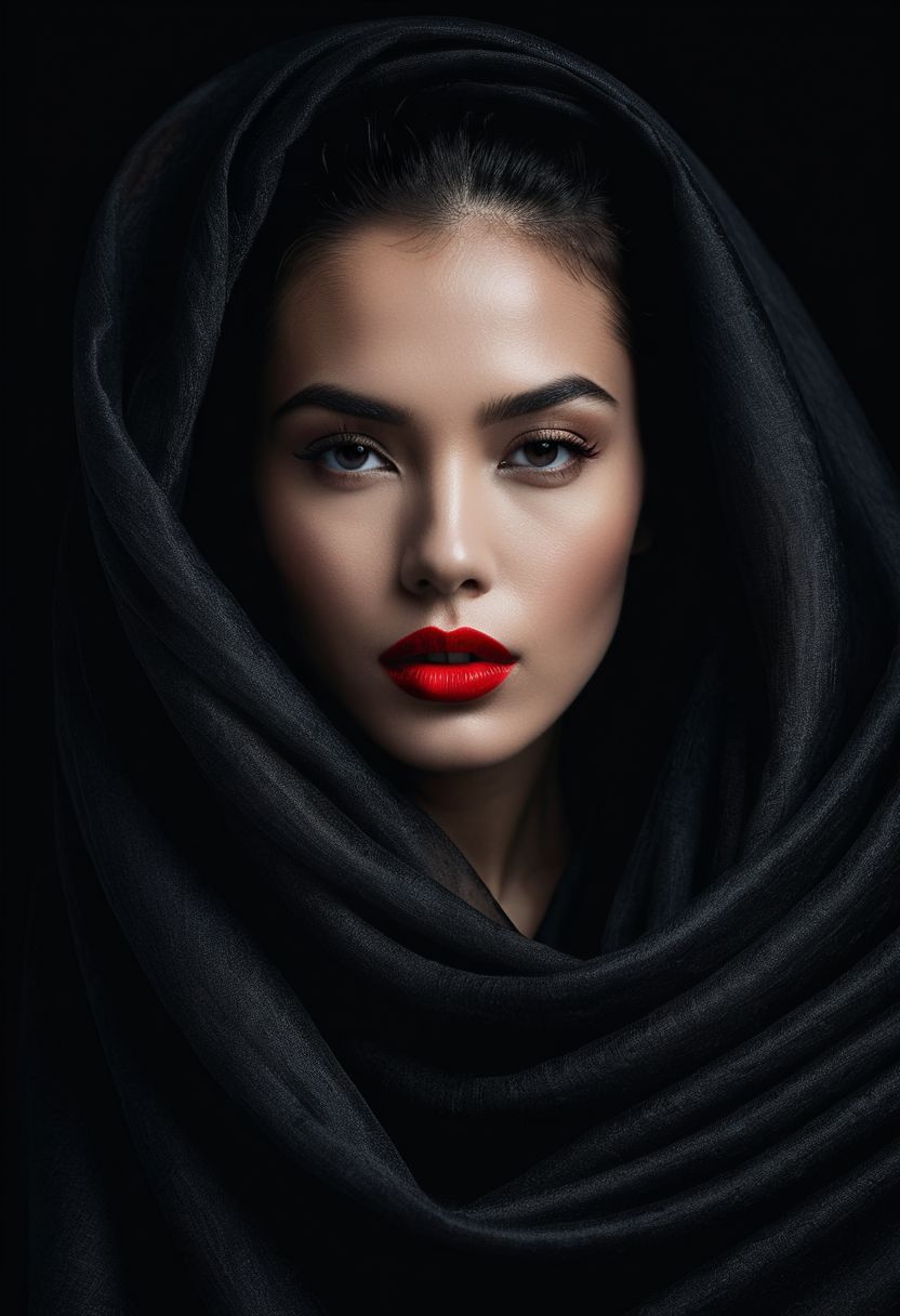 .In this masterpiece of photography, captured by a Fujifilm camera, a minimalist black background serves as the canvas for an exquisite portrait. The woman's face emerges, partially obscured by flowing fabric, creating an enigmatic and mysterious atmosphere. Sharp red lipstick accentuates her lips, adding a striking contrast against the dark tones of the composition. With ultra-realistic precision, every detail is rendered in insanely high resolution, making the image come alive in 8K HDR. The subtle gradient backdrop enhances the tranquil yet evocative aura, while the conceptual portraiture delves into the depths of perception. This stunning portrayal, enriched with a play on perception and visual metaphor, transports the viewer into a realm of surreal calm, where the beauty of minimalist abstraction meets the complexity of the human psyche.