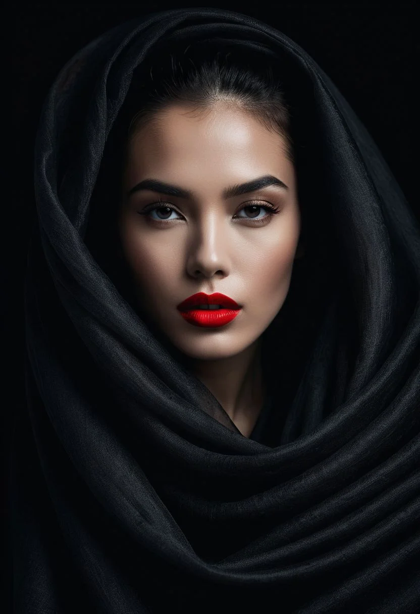 .In this masterpiece of photography, captured by a Fujifilm camera, a minimalist black background serves as the canvas for an exquisite portrait. The woman's face emerges, partially obscured by flowing fabric, creating an enigmatic and mysterious atmosphere. Sharp red lipstick accentuates her lips, adding a striking contrast against the dark tones of the composition. With ultra-realistic precision, every detail is rendered in insanely high resolution, making the image come alive in 8K HDR. The subtle gradient backdrop enhances the tranquil yet evocative aura, while the conceptual portraiture delves into the depths of perception. This stunning portrayal, enriched with a play on perception and visual metaphor, transports the viewer into a realm of surreal calm, where the beauty of minimalist abstraction meets the complexity of the human psyche.