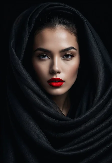 .In this masterpiece of photography, captured by a Fujifilm camera, a minimalist black background serves as the canvas for an exquisite portrait. The woman's face emerges, partially obscured by flowing fabric, creating an enigmatic and mysterious atmosphere. Sharp red lipstick accentuates her lips, adding a striking contrast against the dark tones of the composition. With ultra-realistic precision, every detail is rendered in insanely high resolution, making the image come alive in 8K HDR. The subtle gradient backdrop enhances the tranquil yet evocative aura, while the conceptual portraiture delves into the depths of perception. This stunning portrayal, enriched with a play on perception and visual metaphor, transports the viewer into a realm of surreal calm, where the beauty of minimalist abstraction meets the complexity of the human psyche.
