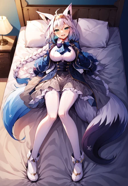 safe_pos, safe_pos, safe_pos, safe_pos, safe_pos, safe_pos, score_9, score_8_up, score_7_up, score_6_up, masterpiece, source_anime, high quality, perfect face, detailed eyes, perfecteyes, perfect balance, detailed face, perfect lighting, detailed background, uncensored, newest, absurdres, highres, very aesthetic, indoor, bedroom, bed, big bed, luxury bed, windows, night, 
uncensored, 
fubuki, white hair, single side braid, ahoge, piercing, fox tail,
fubuki_elegant, braided ponytail, blue coat, blue ascot, corset, collared shirt, grey skirt, frilled skirt, white pantyhose, white gloves, hairband, white hair, piercing, fox tail,
 1girl, solo, open mouth, smile, large breasts, pleasured, full body, long legs, larger female, tall female, looking at viewer, long calves, long legs, thin thighs, tall_girl,long_legs,  lying on bed, half closed eyes, naughty face, multicolored hair, from above, fangs