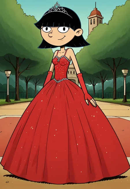 score_9_up,score_8_up,score_7_up,score_6_up,score_5_up,score_4_up BREAK rhonda,black hair, black eyes, bob cut, blunt bangs, Very large red floor length gown, ball gown, rhimestones. She is also wearing a tiara, hoop skirt, dome shape skirt, quinceanera, prom, pageant, long elbow length red fingerless Satin bridal gloves, contrapposto, hand on own hip, park, tree, building,smile,arm at side, leaning to the side, dutch angle, looking at viewer, <lora:RhondaPony:1>