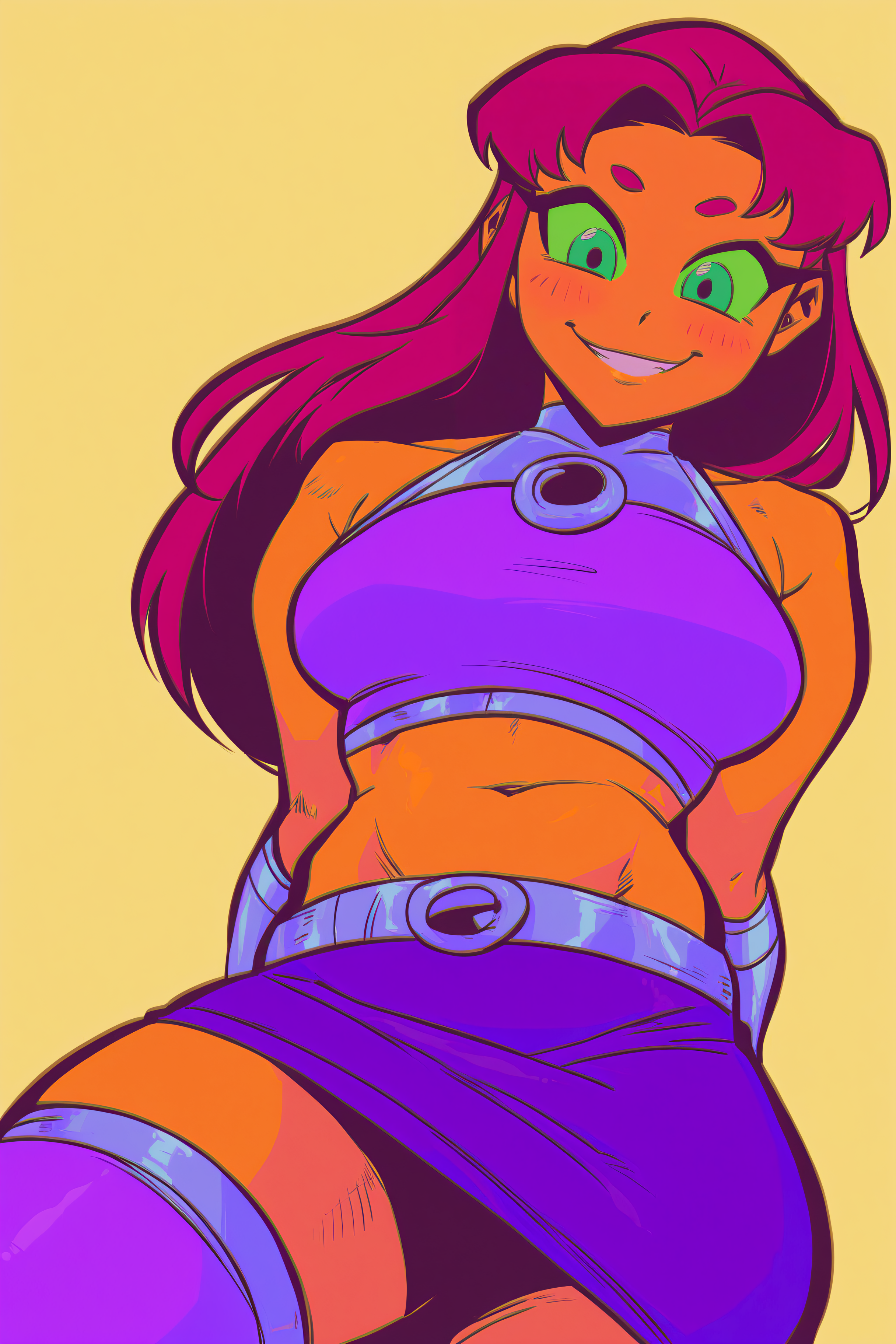 score_9, score_8_up, score_7_up,
1girl, solo, starfire \(dc\), dark skin, dark-skinned female, yellow background, simple background, thighs, midriff, purple skirt, crop top, purple thighhighs, bare shoulders, upper body, smile, facing viewer, looking at viewer, neon, vibrant, green eyes, red hair, makeup, blush, from below, looking down, 
<lora:mizurusketch:1>