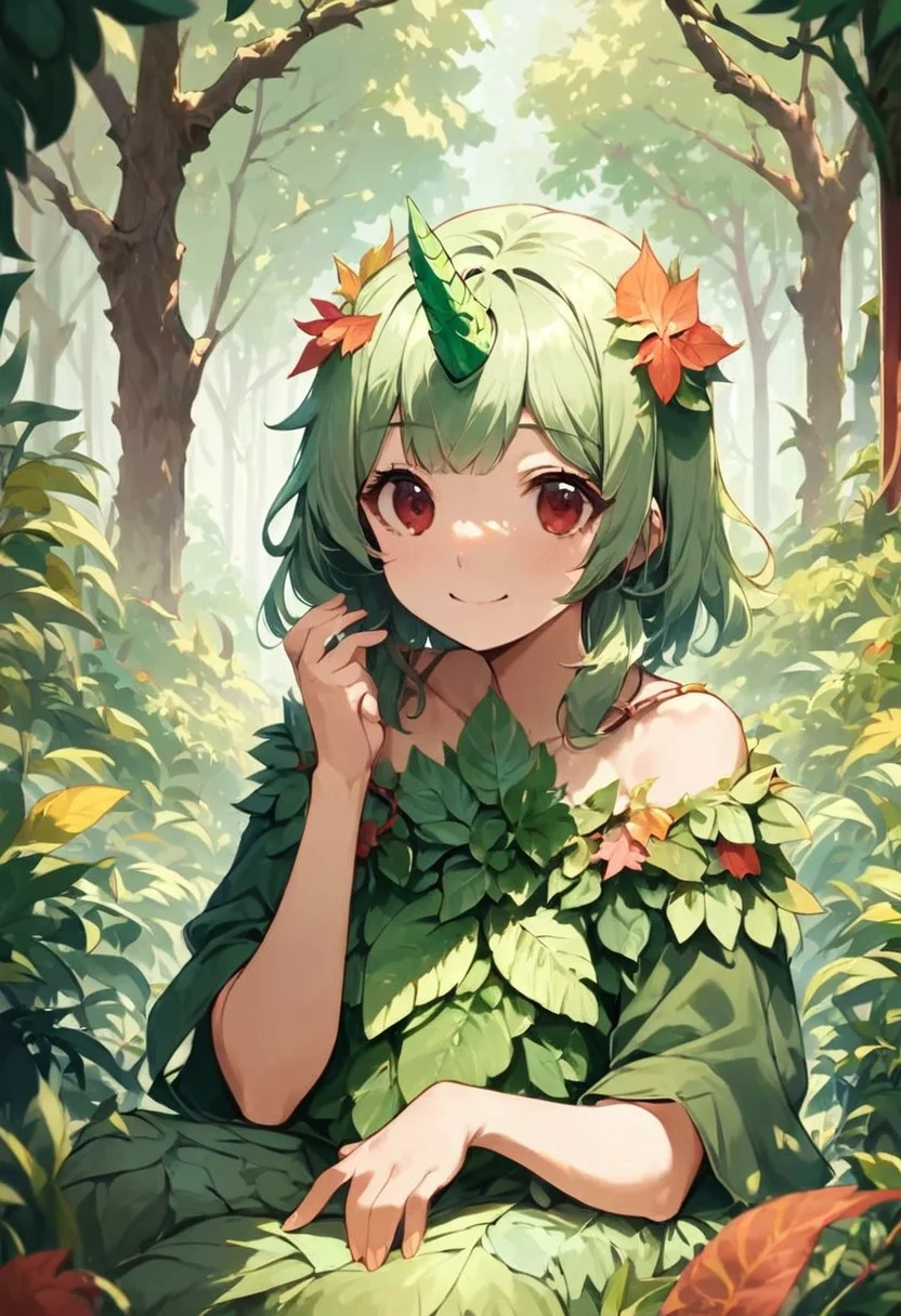 score_9, score_8_up, score_7_up, score_6_up,source_anime,WORLD MORPH LEAVES,PLANT GIRL,human,unicorn horn,green horn,cute ,pupilless, light green hair, red eyes,light smile, medium chest, sit, looking at viewer,detailed background,outdoor,forest,