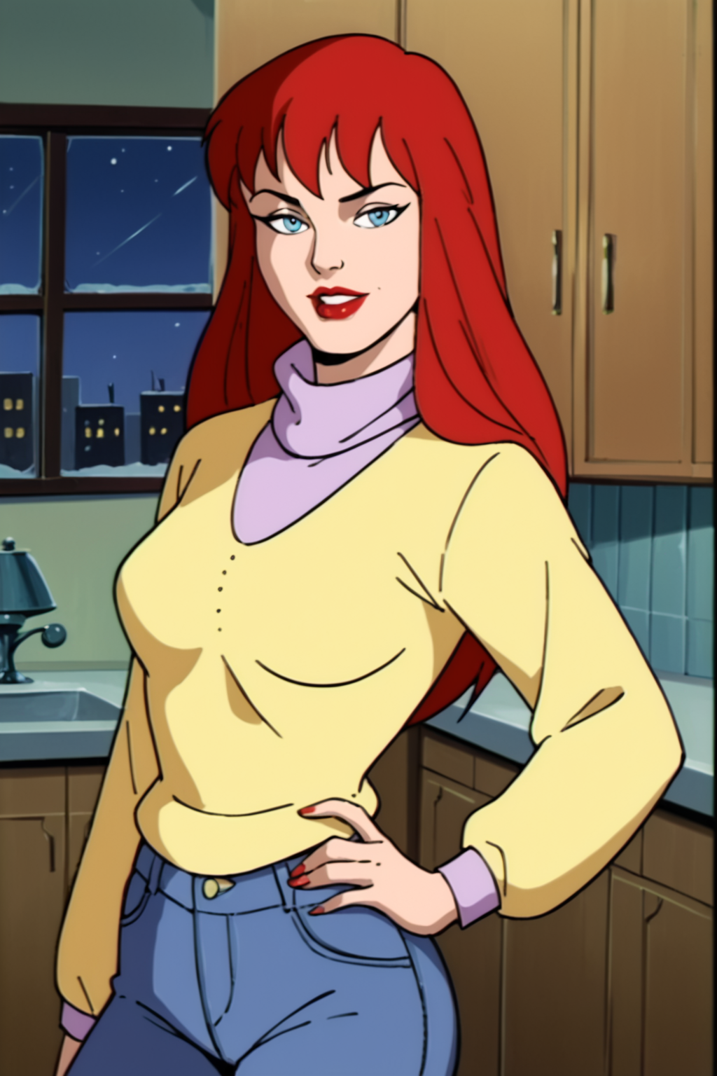 PonyXLV6_Scores, ((retro artstyle, parody), perfect anatomy, perfect eyes, cowboy shot) <lora:add_details_xl:1> BREAK <lora:MJ90s:0.8> mary jane watson, long hair, red hair, lipstick, red lips, blue eyes, sultry eyes, naughty face, parted lips ((looking at viewer)), turtleneck, sweater, long sleeves, denim, pants, arched back, sexually suggestive pose, blowing a kiss towards viewer, hand on hip, night, indoors