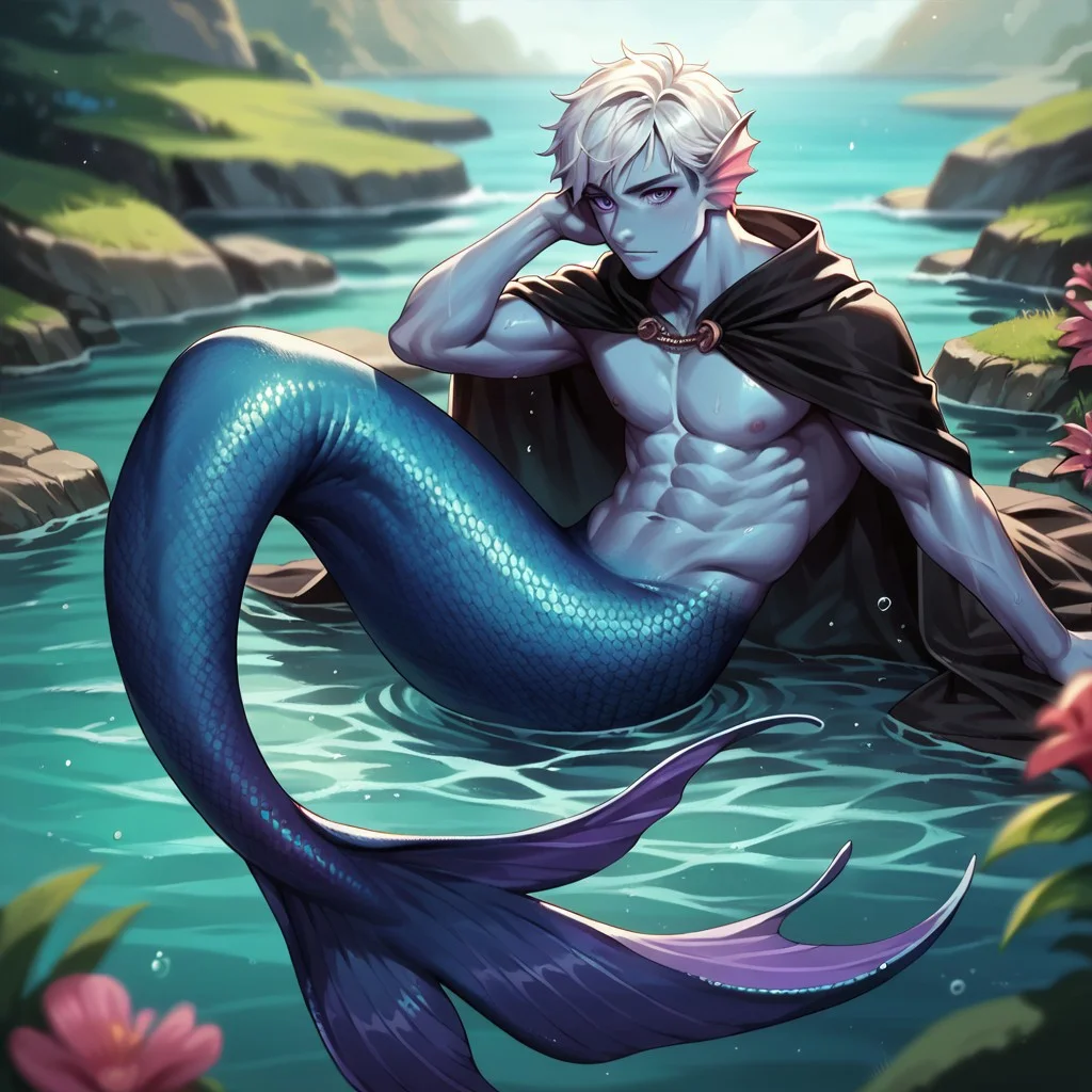 (((detailed, beautiful, high quality))), score_9, score_8_up, score_7_up, full body,
merfolk, mermaid tail, scales,
((under the water)), water background,
1male, blue skin, white hair, purple eyes, black tail, black cape, black top,
looking at the viewer, posing, blurred background,
