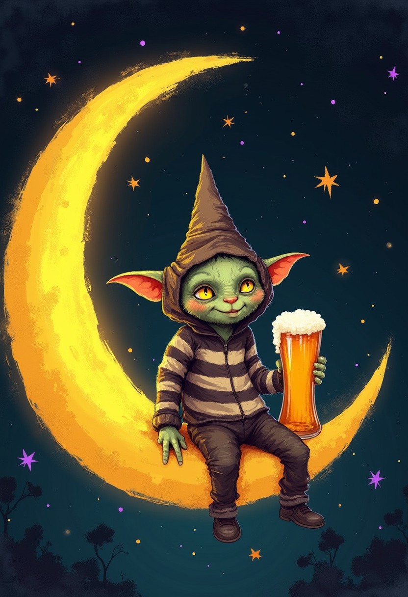 A professional A whimsical chalk-style illustration of a small goblin man dressed in a striped onesie and a pointy hat, sitting comfortably on a glowing yellow crescent moon. The  goblin holds a tall glass of beer with frothy foam, gazing at it thoughtfully. The background is a dark, starry night sky, with chalk-drawn stars in purple and yellow glowing softly. The entire image has a hand-drawn, chalkboard aesthetic, with simple, playful lines and a calm, surreal charm,RPG Style