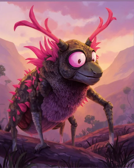 <lora:ck-LttleGhost-000011.safetensors:1> in the style of ck-lttlegh0stThe subject is a digital illustration of a whimsical bug-like creature with pink spines and single eye, emerging from an early morning or sunset hazy background with exceptional shading and texturing. The color palette is striking, creating a three-dimensional appearance, appealing to fans of surreal designs.