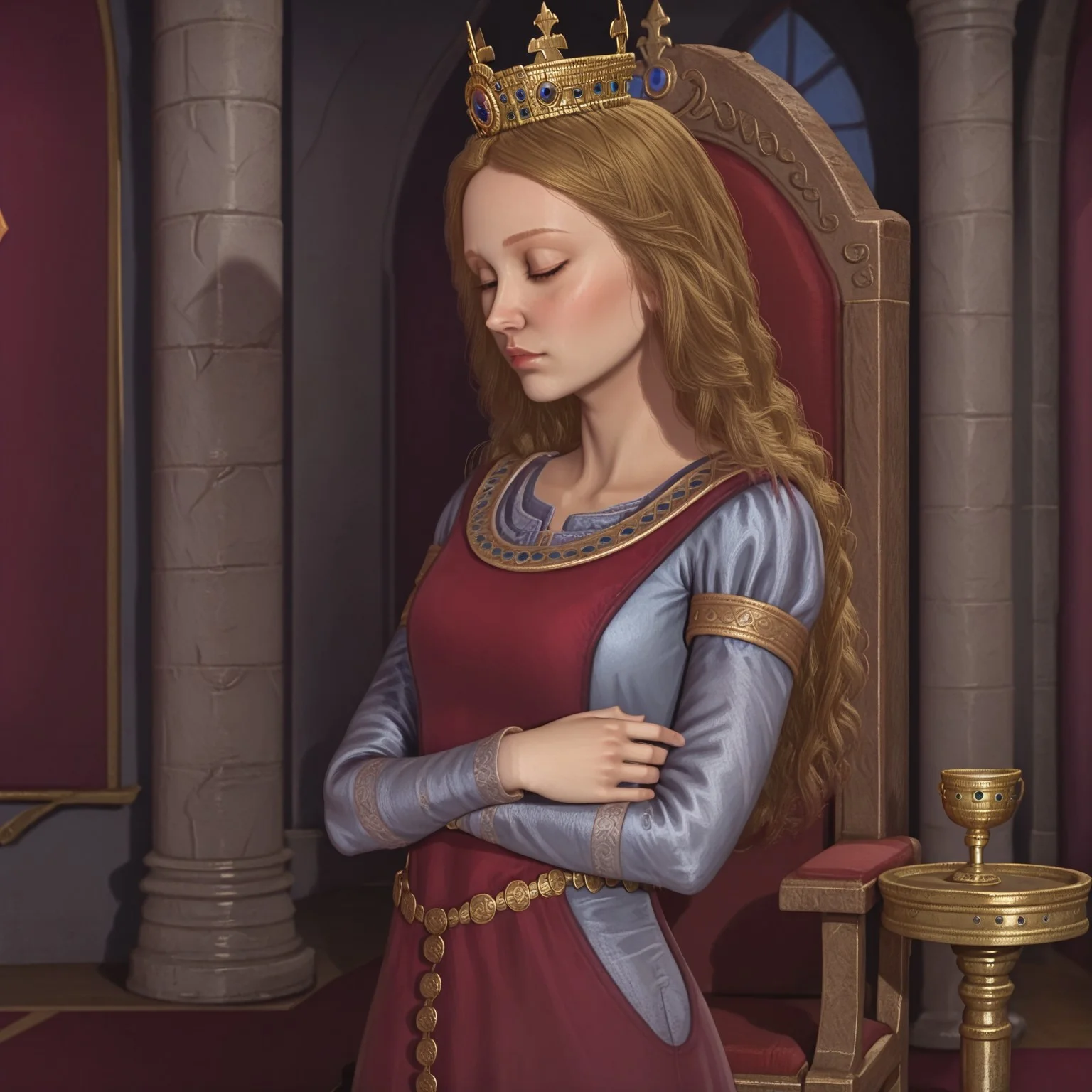 eleanor, solo, 1girl, throne room, castle interior, stone castle, eleanor france, long hair, dress france, crown france, arms crossed