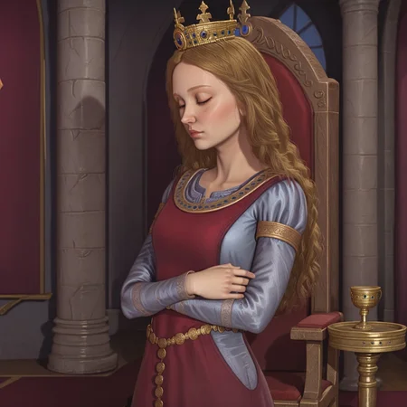 eleanor, solo, 1girl, throne room, castle interior, stone castle, eleanor france, long hair, dress france, crown france, arms crossed