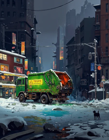 Art by Ismail Inceoglu. A digital illustration shoot from the side about a futuristic cityscape during a stormy night, with a large green garbage truck driving through a snow-covered street. the scene is set in an urban environment, with tall buildings on either side, illuminated by neon signs and street signs. the street is filled with debris and water, and the sky is dark with a few clouds. on the right side of the image, a dog is standing near the garbage truck, looking up at the scene. the overall atmosphere is one of chaos and destruction.