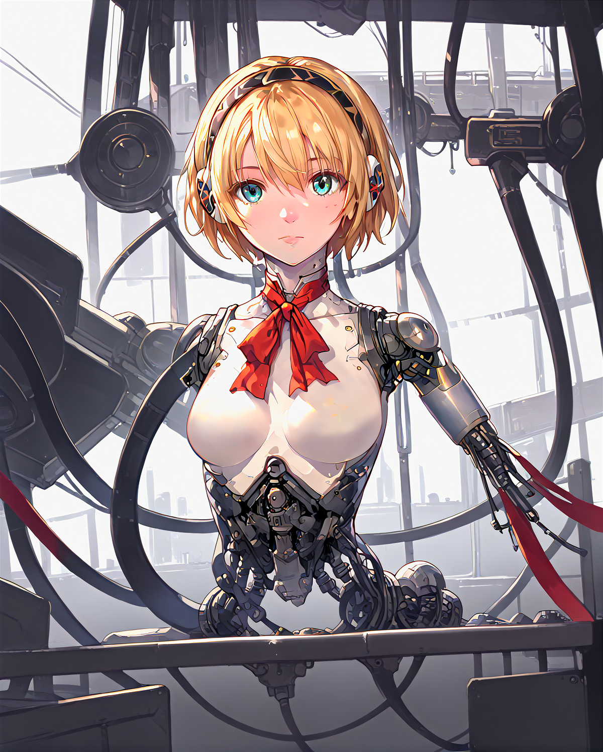 robotorso, robot skin, android, robot joints, android, cable, upper body, robot girl, android girl, 1girl, petite, slim, cute, dazed expression, intricate eyes, upper body, hanging from straps, cables, wires, tubes, suspended, no nipples,
in a factory, futuristic factory, industrial setting, intricate background, cyberpunk, highly detailed, nsfw
 <lora:Robotorso_PONY_v0.3:0.7>   <lora:Test:1> detailed background  <lora:RobotSkin_Pony_v1.05:0.8>  <lora:persona3_aegis_ponyXL:1> p3aegis, android, robot joints, hairband, headphones, red bow, score_9, score_8_up, score_7_up,  source_anime,
masterpiece, 4k, 8k, highly detailed,