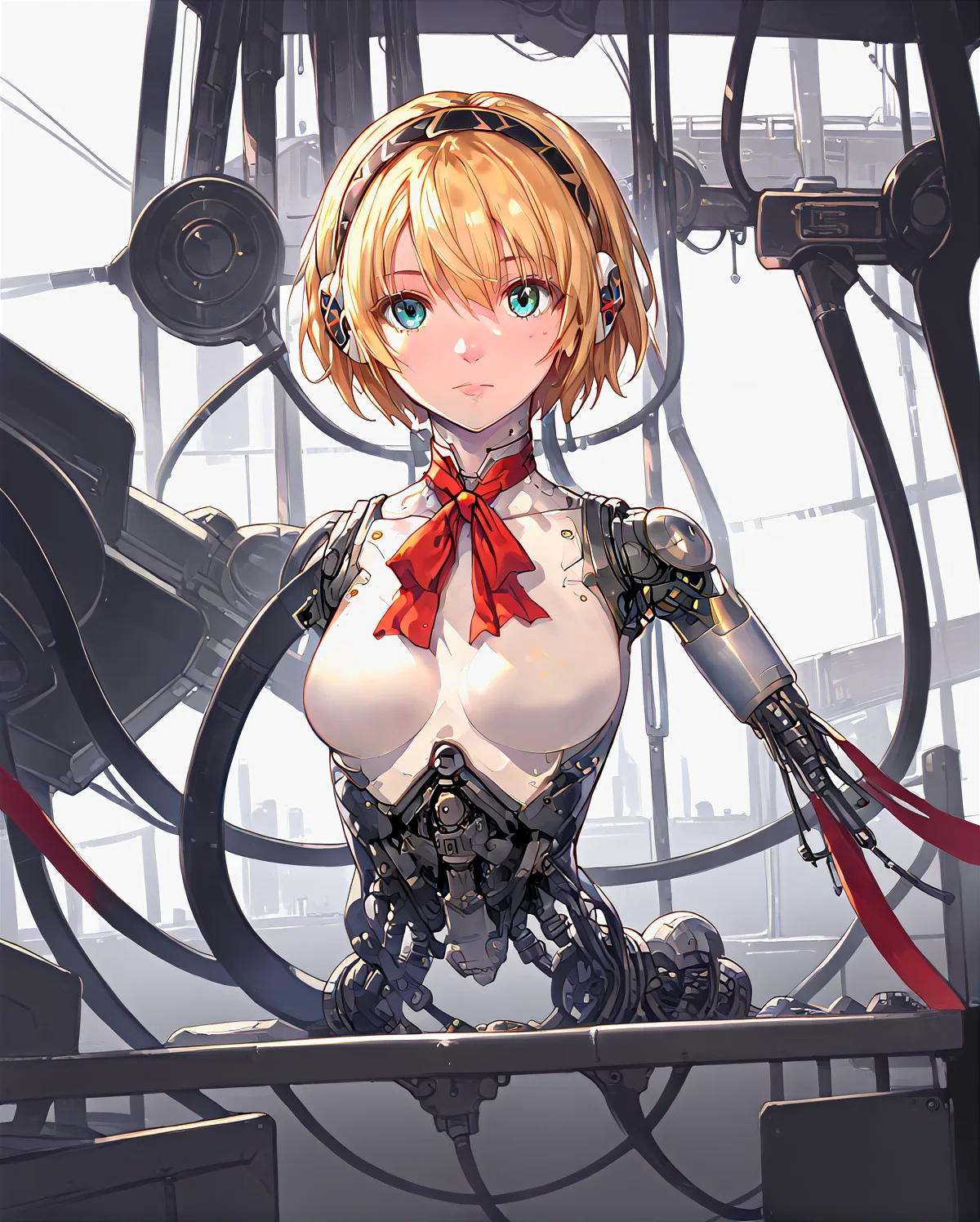 robotorso, robot skin, android, robot joints, android, cable, upper body, robot girl, android girl, 1girl, petite, slim, cute, dazed expression, intricate eyes, upper body, hanging from straps, cables, wires, tubes, suspended, no nipples,
in a factory, futuristic factory, industrial setting, intricate background, cyberpunk, highly detailed, nsfw
 <lora:Robotorso_PONY_v0.3:0.7>   <lora:Test:1> detailed background  <lora:RobotSkin_Pony_v1.05:0.8>  <lora:persona3_aegis_ponyXL:1> p3aegis, android, robot joints, hairband, headphones, red bow, score_9, score_8_up, score_7_up,  source_anime,
masterpiece, 4k, 8k, highly detailed,