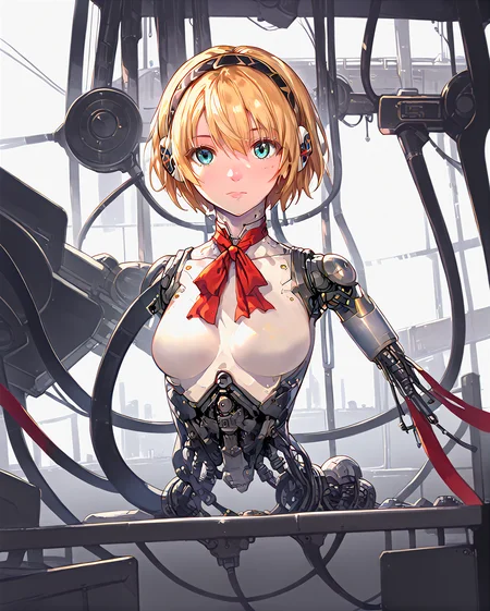 robotorso, robot skin, android, robot joints, android, cable, upper body, robot girl, android girl, 1girl, petite, slim, cute, dazed expression, intricate eyes, upper body, hanging from straps, cables, wires, tubes, suspended, no nipples,
in a factory, futuristic factory, industrial setting, intricate background, cyberpunk, highly detailed, nsfw
<lora:Robotorso_PONY_v0.3:0.7> <lora:Test:1> detailed background <lora:RobotSkin_Pony_v1.05:0.8> <lora:persona3_aegis_ponyXL:1> p3aegis, android, robot joints, hairband, headphones, red bow, score_9, score_8_up, score_7_up, source_anime,
masterpiece, 4k, 8k, highly detailed,