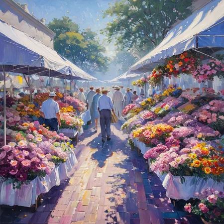 masterpiece, best quality, <lora:add-detail-xl:1>, <lora:ArsMJStylePony_-_Impressionism:1>, ArsMJStyle, impressionism, A vibrant flower market in full swing, stalls overflowing with colorful blooms. Vendors and customers mingle, their forms suggested by quick brushstrokes. Sunlight filters through awnings, casting a warm glow over the scene and intensifying the riot of colors, creating a sensory feast of sight and implied fragrance.