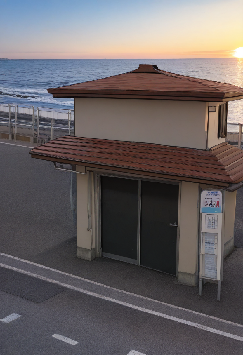 basutei, no humans, scenery, ocean, road, outdoors, door, street, sky, real world location, horizon, water, railing, building, sign, fence, day, shore, stairs, crosswalk, beach, sunset, sunlight, cinematic lighting, 
photorealistic, photo background, 
masterpiece, best quality, amazing quality, very aesthetic, absurdres, newest,
 <lora:sc_bustei_illustrious_V1L:0.8>