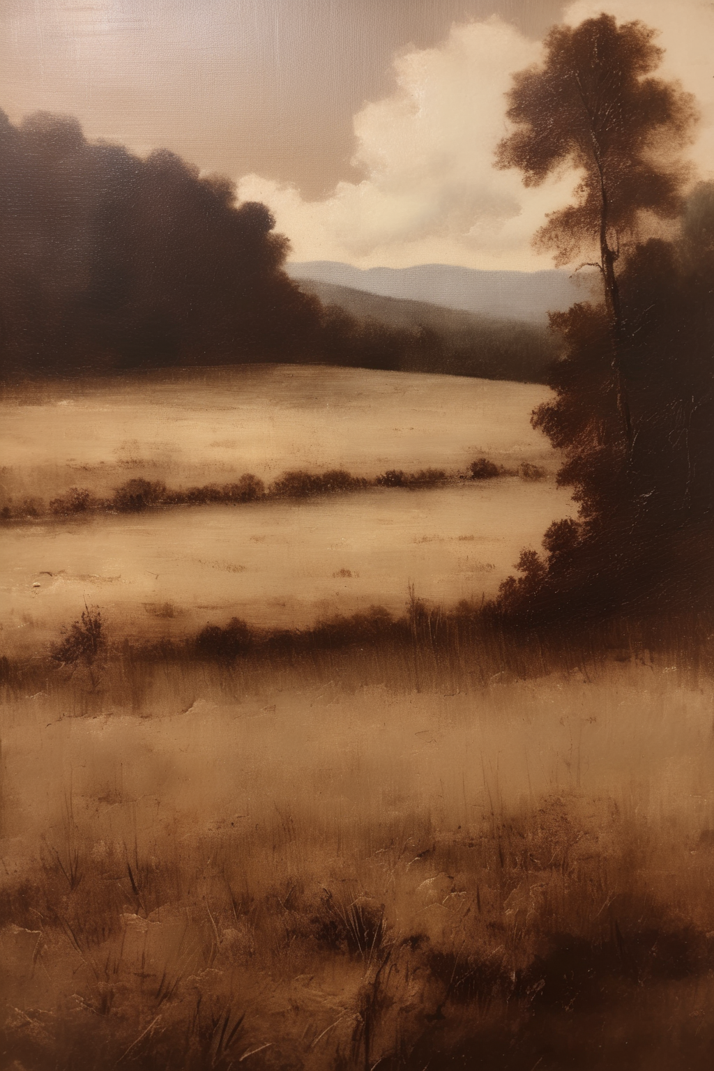 <lora:Worthington Whittredge Style:1>Worthington Whittredge Style - vintage oil painting of field and valley on canvas, ink-washed, muted color palette, 18th-century art, light white and light gray and dark brown