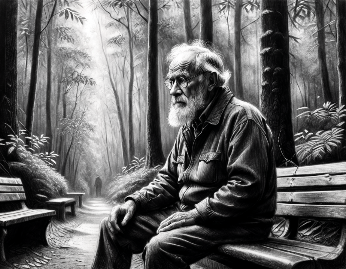 ((black and white charcoal drawing)), A elderly man sitting down at a bench at the start of a forest, <lora:Charcoal2.0:0.75>, black and white, breathtaking charcoal illustration, highly detailed, 4k, (textured paper), charcoal texture