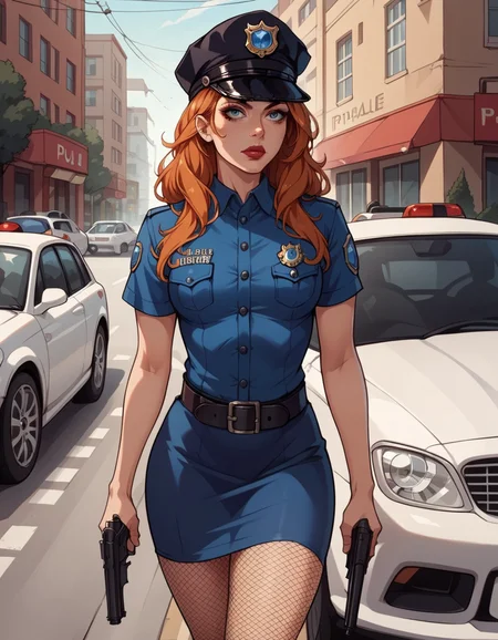 score_9, score_8_up, score_7_up, score_6_up, score_5_up, score_4_up, source_anime, best quality, solo, 1girl, makeup, lipstick, ginger hair, hud_plce_wmn, short blue dress, short sleeves, belt, police hat, fishnets, badge, buttons, gun, <lora:policewoman-000007:0.6>, street, car, outdoors