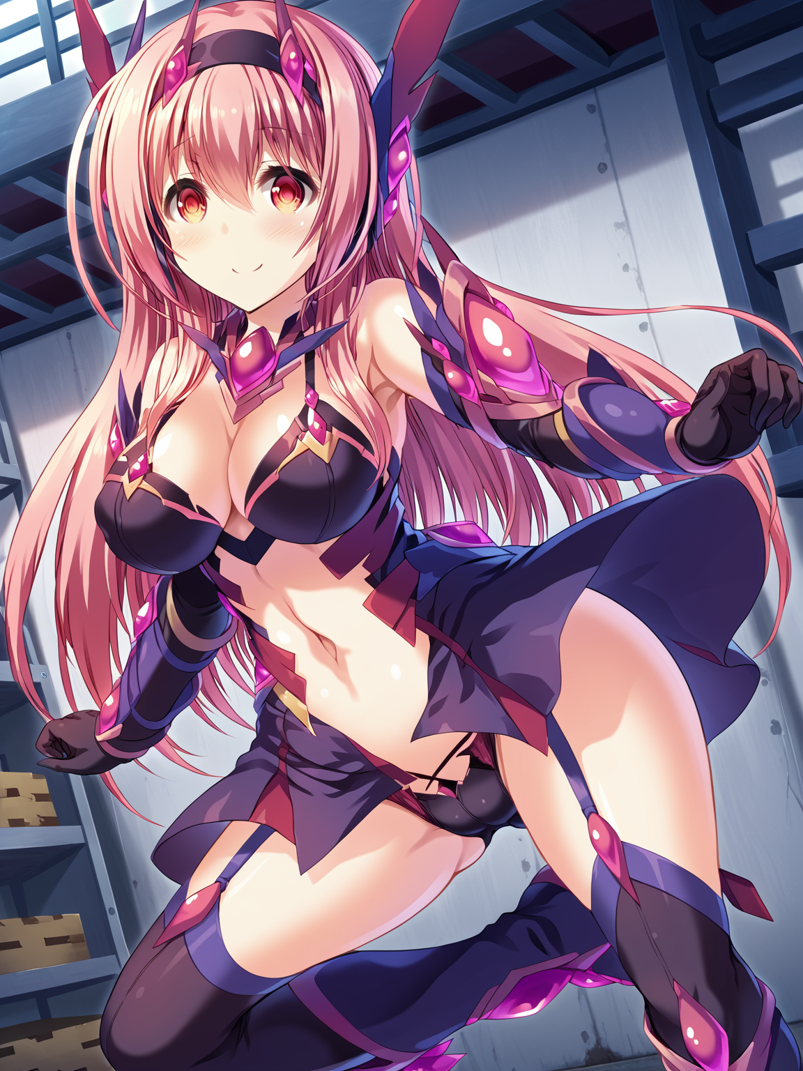 <lora:Escude_-_Yamizome_Liberator_-_All_in_One:1>,evil smile,corruption,escude,hiyori,1girl,breasts,solo,long hair,thighhighs,red eyes,large breasts,smile,navel,gloves,garter straps,cleavage,hairband,blush,pink hair,black gloves,ass visible through thighs,elbow gloves,bangs,dark persona,black panties,revealing clothes,indoors,warehouse,high_kick,action,boots,armor, score_9, score_8_up, score_7_up,source_anime,(masterpiece),(best quality),(ultra-detailed),(best illustration),(best shadow),(absurdres),(detailed background),(very aesthetic),source_anime