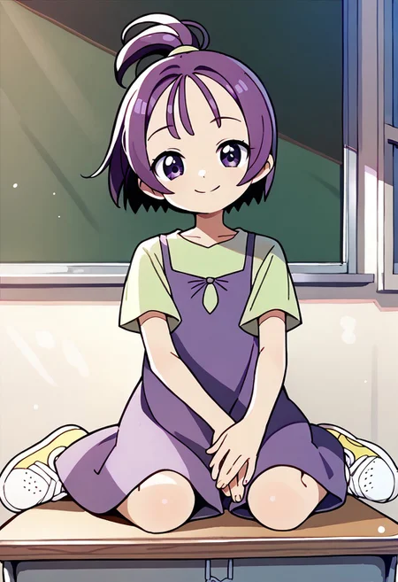 score_9, score_8_up, score_7_up BREAK Onpu1, 1girl, purple hair, bob cut, (((ponytail))), purple eyes, sleeveless purple dress, short-sleeve light green shirt, yellow white sneakers, sitting crosslegged, classroom indoors, classroom background, full body, smiling at viewer,