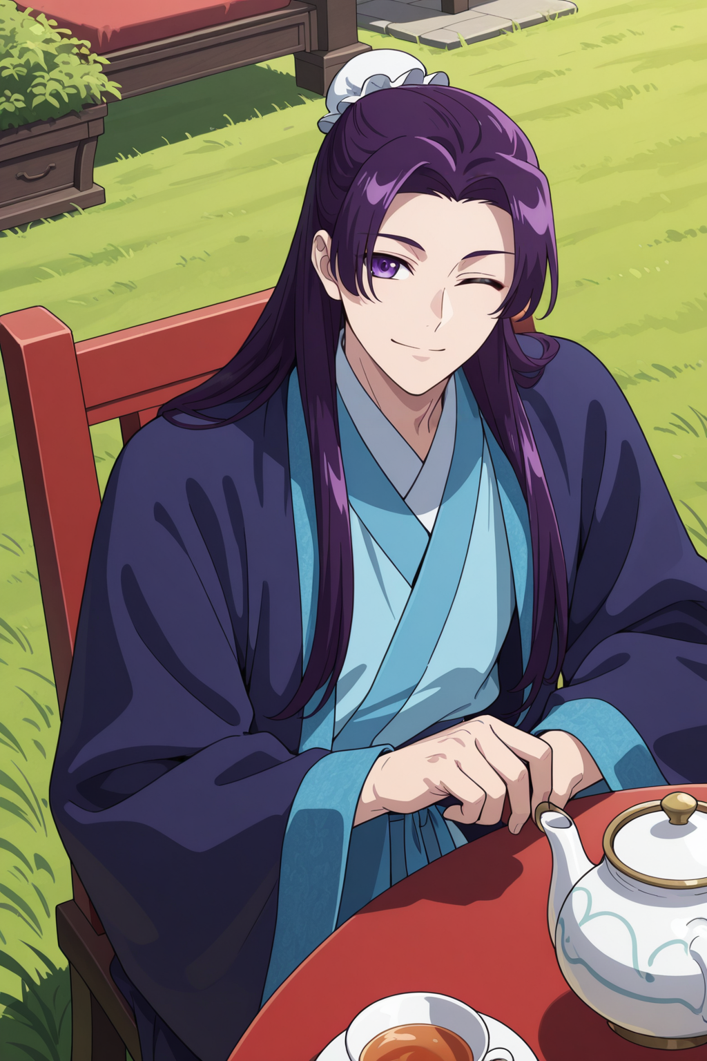 <lora:ApothecaryDiaries:1>, ApothecaryDiaries, 1boy, male focus, one eye closed, chinese clothes, teapot, purple hair, long hair, solo, table, food, purple eyes, cup, tea, hair bun, sitting, teacup, bun cover, holding, smile, single hair bun, grass, looking at viewer, chair, tiered tray, outdoors, hanfu, wide sleeves