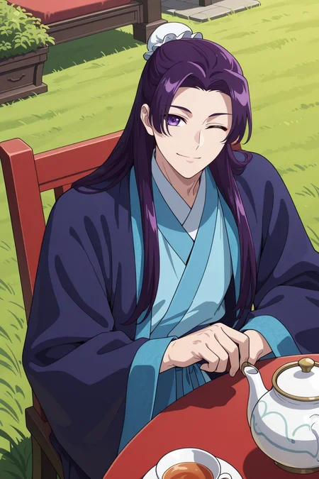 <lora:ApothecaryDiaries:1>, ApothecaryDiaries, 1boy, male focus, one eye closed, chinese clothes, teapot, purple hair, long hair, solo, table, food, purple eyes, cup, tea, hair bun, sitting, teacup, bun cover, holding, smile, single hair bun, grass, looking at viewer, chair, tiered tray, outdoors, hanfu, wide sleeves