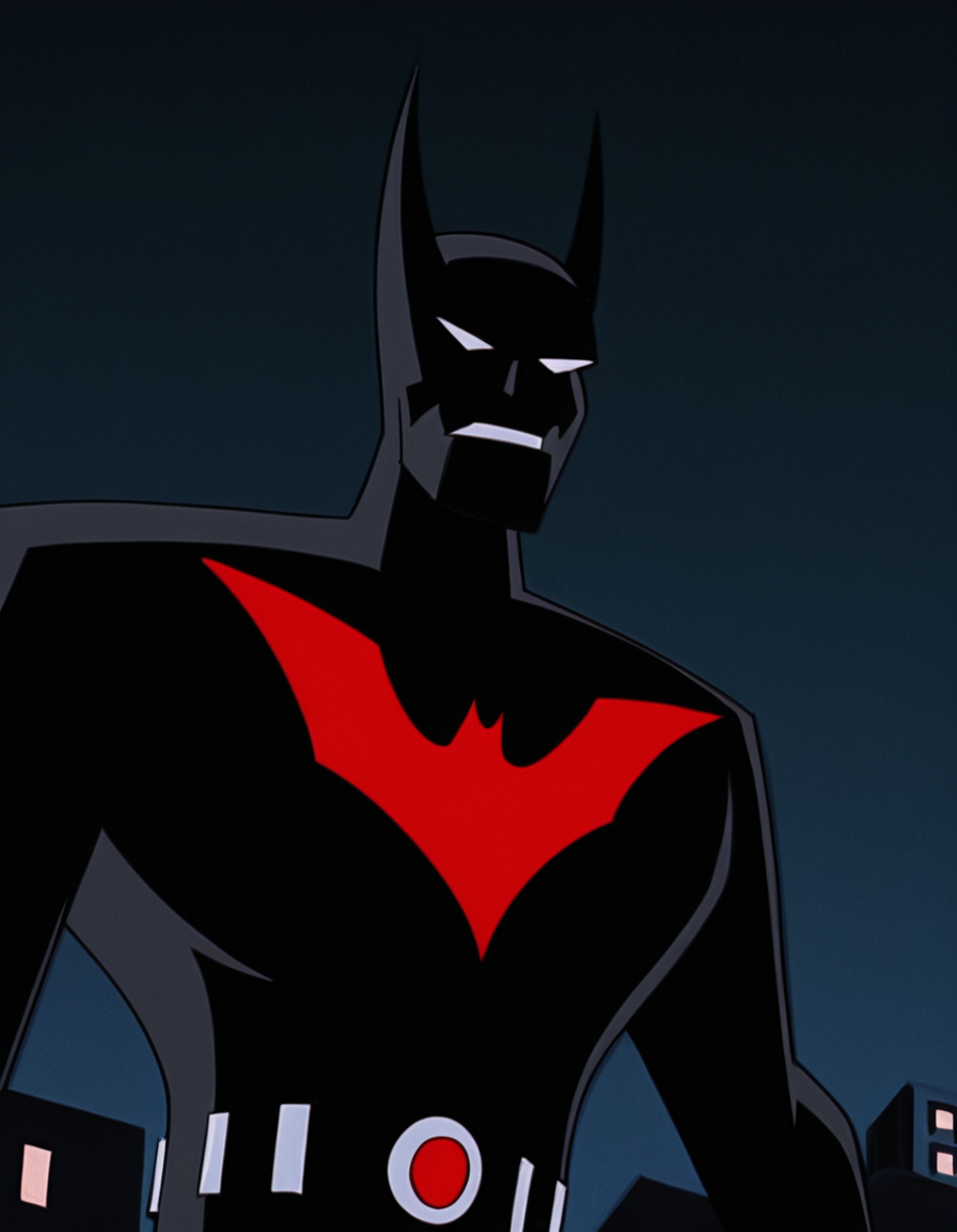 <lora:TerryBatmanBIllustrious1.0JLFO:1> batmanbeyond, solo, white eyes, 1boy, male focus,, upper body , looking at viewer, simple background, horns, superhero, ,cityscape,from below,  rooftop, masterpiece, best quality, amazing quality, very aesthetic, absurdres