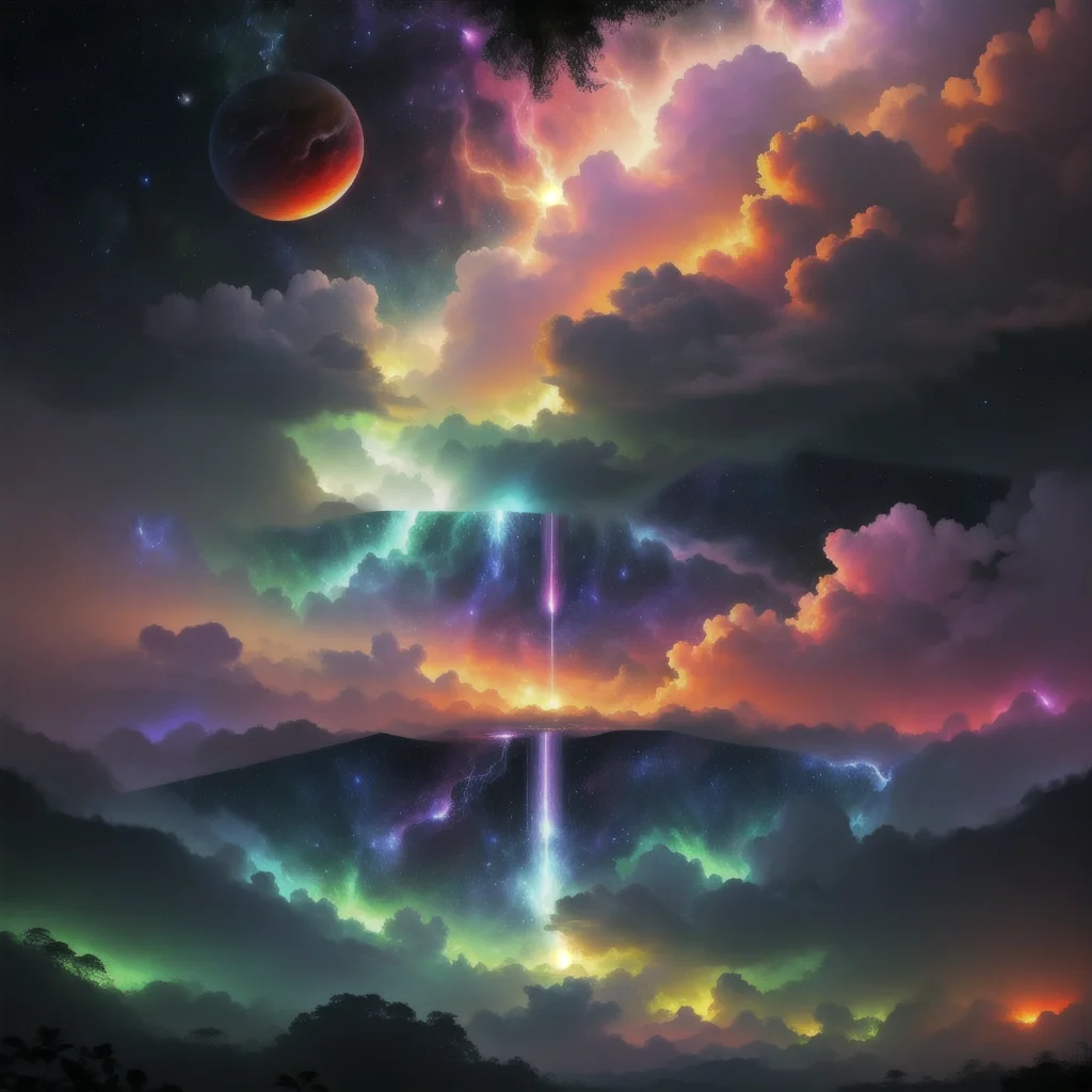 jungle growing from a universe in space, dawn aesthetic colors, vibrant, raining fire from the storm clouds, divinci style, celestial, ethereal