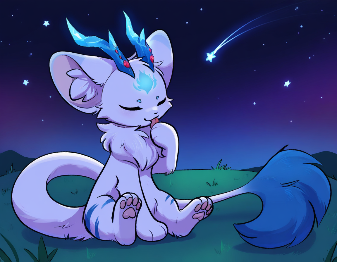 (masterpiece, best quality:1.1), fantasy kinoko, <lora:N11_KinokoV2_22_1206:0.7>, licking finger, closed eyes, sitting, grass, star \(sky\), solo