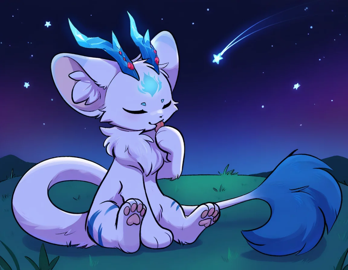 (masterpiece, best quality:1.1), fantasy kinoko, <lora:N11_KinokoV2_22_1206:0.7>, licking finger, closed eyes, sitting, grass, star \(sky\), solo