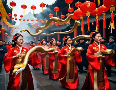 In the magic of the Chinese New Year 2025, the Year of the Snake emerges in splendor. The streets are adorned with golden streamers, symbols of wisdom and renewal. Dancers in shimmering costumes weave to the beat of drums, while incense fills the air. Families exchange red envelopes, hoping for luck and prosperity, celebrating a radiant future together