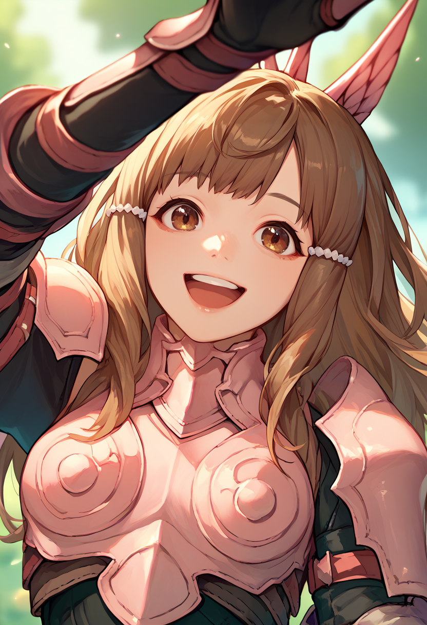 score_9, score_8_up, score_7_up, solo, 1girl, sumia, happy, looking at viewer, upper teeth, incoming headpat, arm up, brown hair, brown eyes, wing hair ornament, pink armor, gauntlets, outdoors <lora:concept_incomingheadpat_ponyXL:1.1> <lora:fesumia-pdxl-nvwls-v1:0.9>